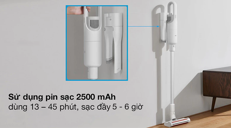 Máy hút bụi không dây Xiaomi Cleaner Light 10 Trang bị pin sạc 2500 mAh với thời gian sạc đầy 5 - 6 giờ